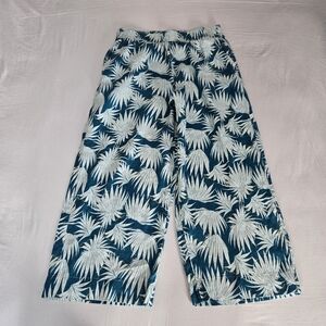 Rachel Zoe 100% LINEN Teal White Green Pants Tropical Wide Leg size L